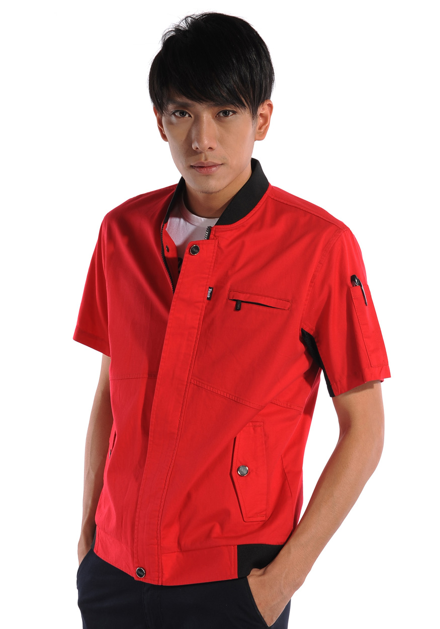 滌棉斜紋紅色短袖工作服原始圖片2