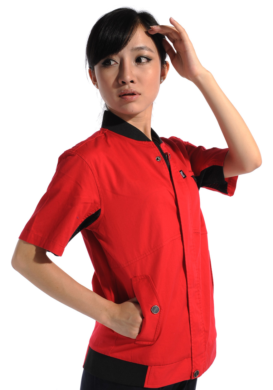 滌棉斜紋紅色短袖工作服原始圖片3