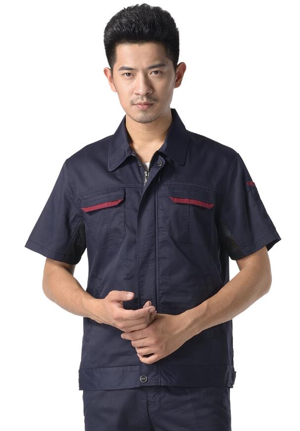 深藍色細斜紋滌棉短袖工作服原始圖片2