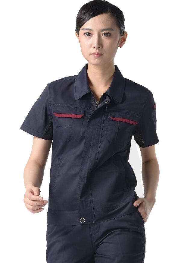 深藍色細斜紋滌棉短袖工作服原始圖片3